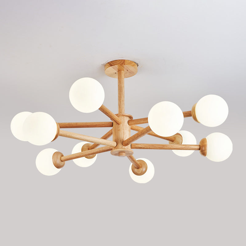 Modern Style Wooden Chandelier Ceiling Hanging Light Fixture with Glass Shade
