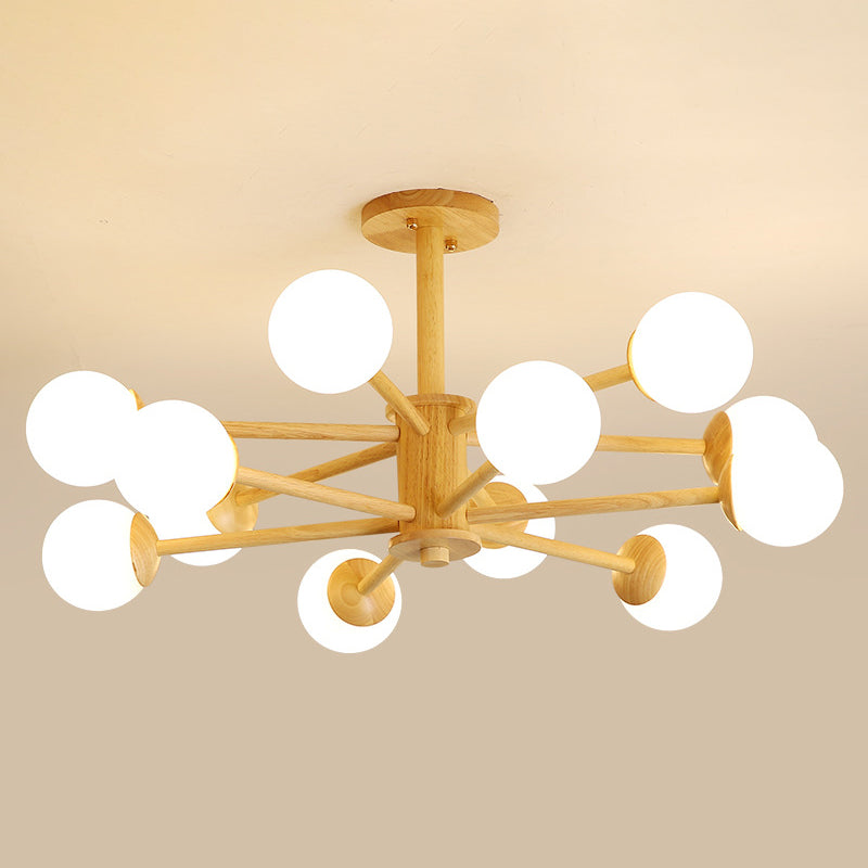 Modern Style Wooden Chandelier Ceiling Hanging Light Fixture with Glass Shade