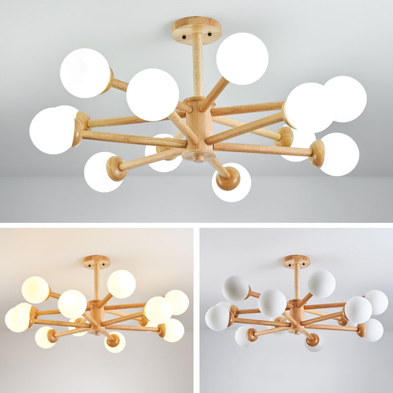 Modern Style Wooden Chandelier Ceiling Hanging Light Fixture with Glass Shade