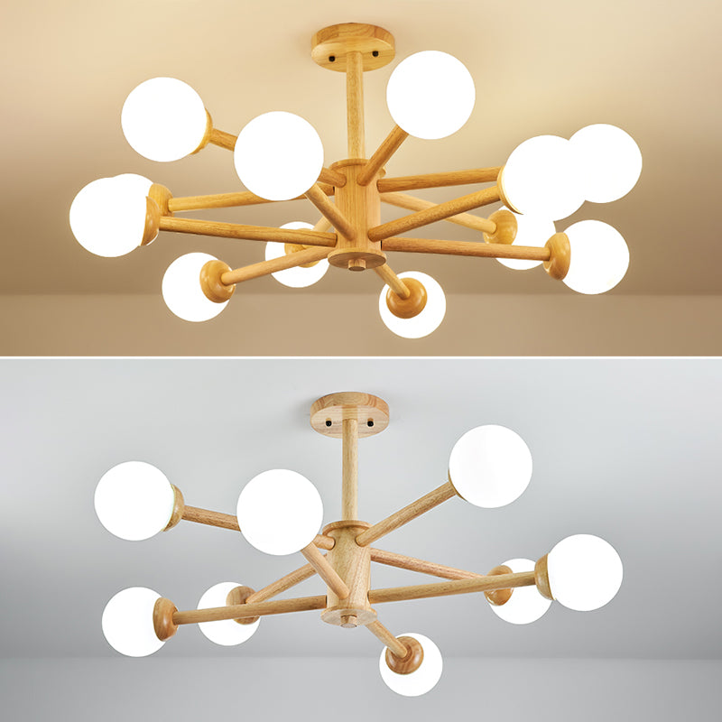 Modern Style Wooden Chandelier Ceiling Hanging Light Fixture with Glass Shade