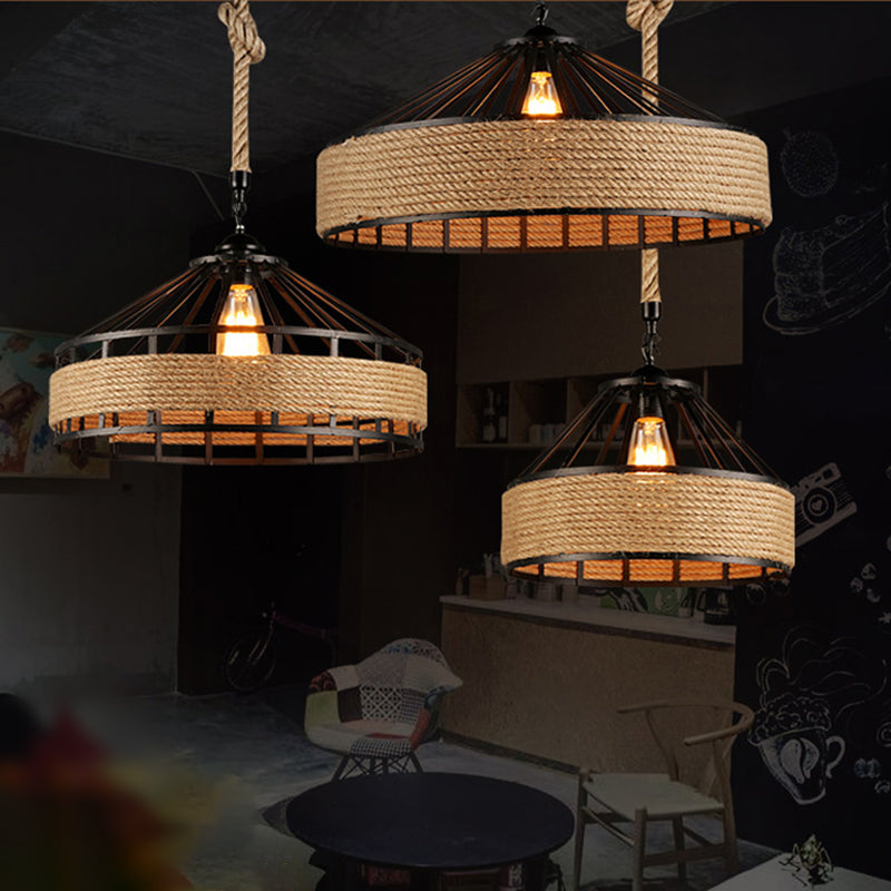 1 Light Pendant Lighting Industrial Style Drum Shape Rope Hanging Ceiling Light