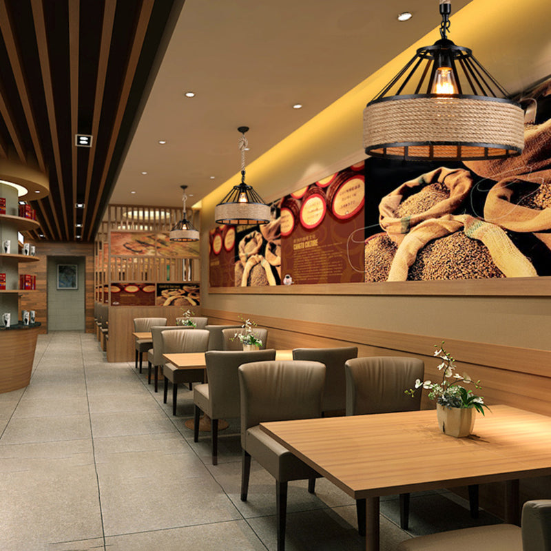 1 Light Pendant Lighting Industrial Style Drum Shape Rope Hanging Ceiling Light