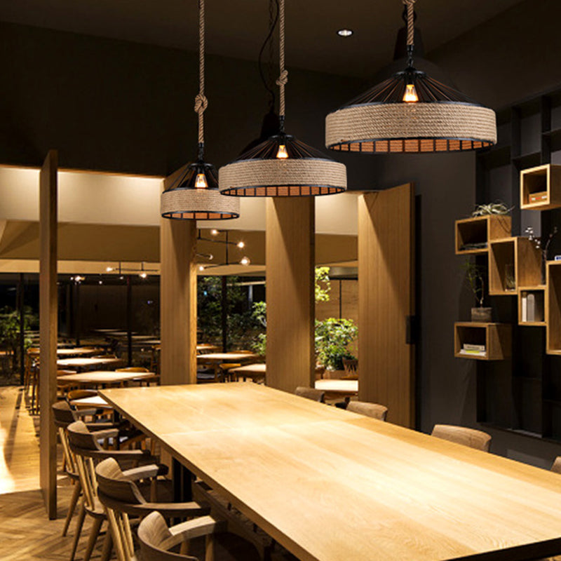 1 Light Pendant Lighting Industrial Style Drum Shape Rope Hanging Ceiling Light