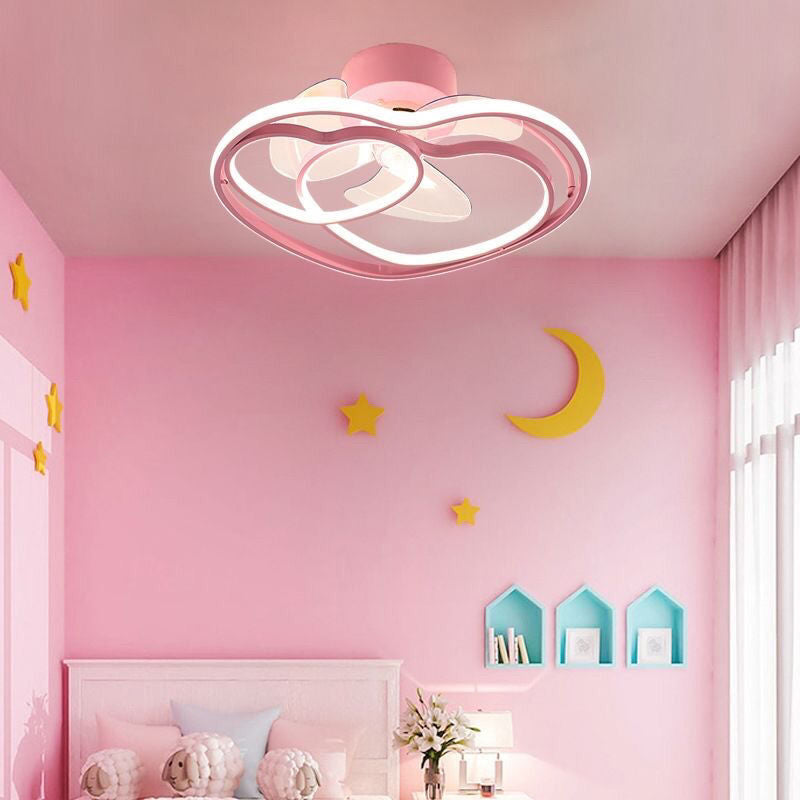 Heart Shaped Semi Flush Mount Fan Lamp Cartoon Metal Bedroom LED Ceiling Fan with Light
