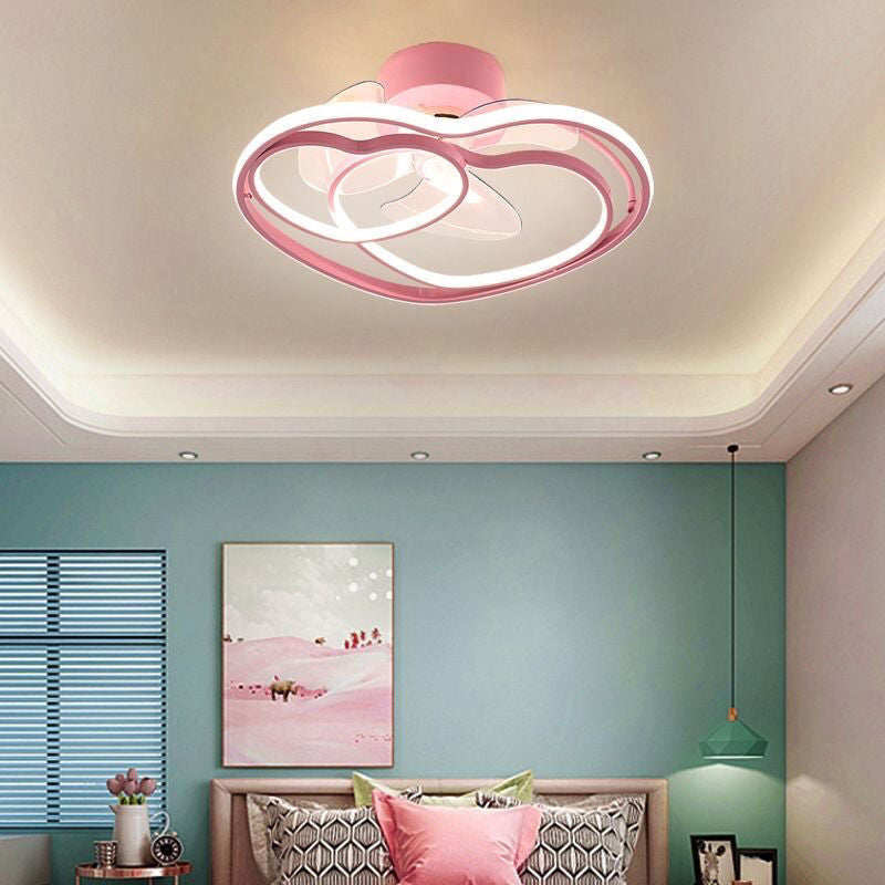 Heart Shaped Semi Flush Mount Fan Lamp Cartoon Metal Bedroom LED Ceiling Fan with Light