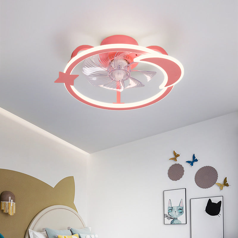 Circular Cartoon Ceiling Fan Light Fixture Children Bedroom LED Semi Flush Mount Lamp
