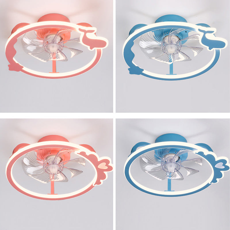 Circular Cartoon Ceiling Fan Light Fixture Children Bedroom LED Semi Flush Mount Lamp