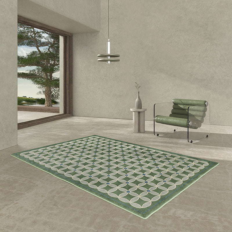Green Living Room Area Carpet Plaid Pattern Polyester Area Rug Easy Care Washable Rug