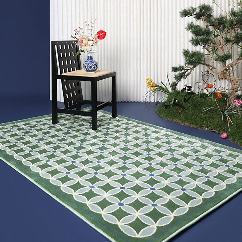 Green Living Room Area Carpet Plaid Pattern Polyester Area Rug Easy Care Washable Rug
