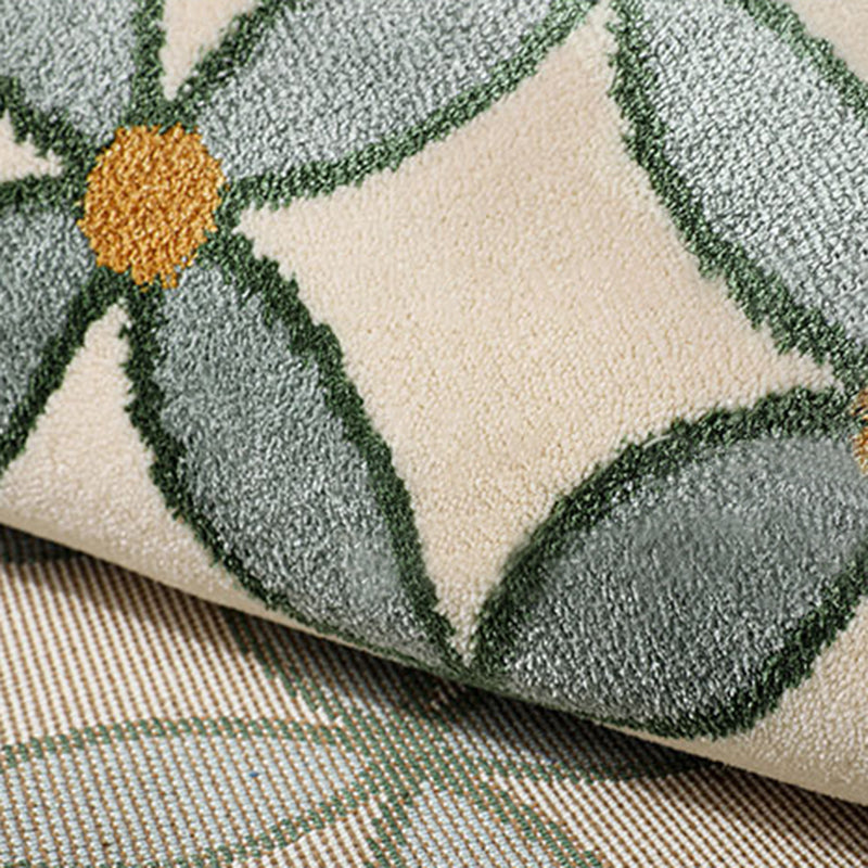 Green Living Room Area Carpet Plaid Pattern Polyester Area Rug Easy Care Washable Rug