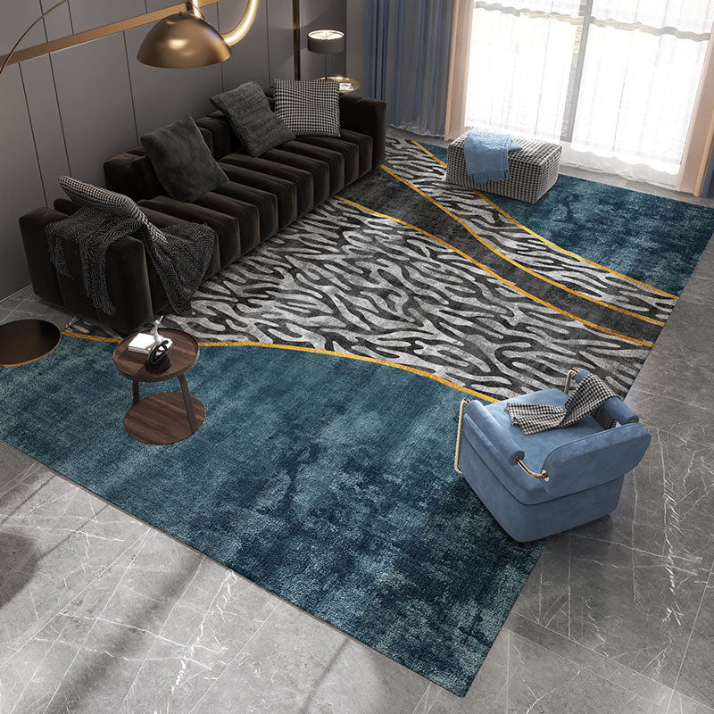 Contemporary Blue Tone Rug Contrast Panel Rug Polyster Stain Resistant Carpet for Living Room