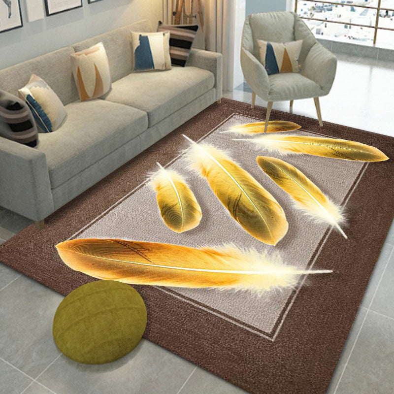 Glam Carpet Polyester Feather Print Rug Non-Slip Backing Indoor Rug for Home Decoration
