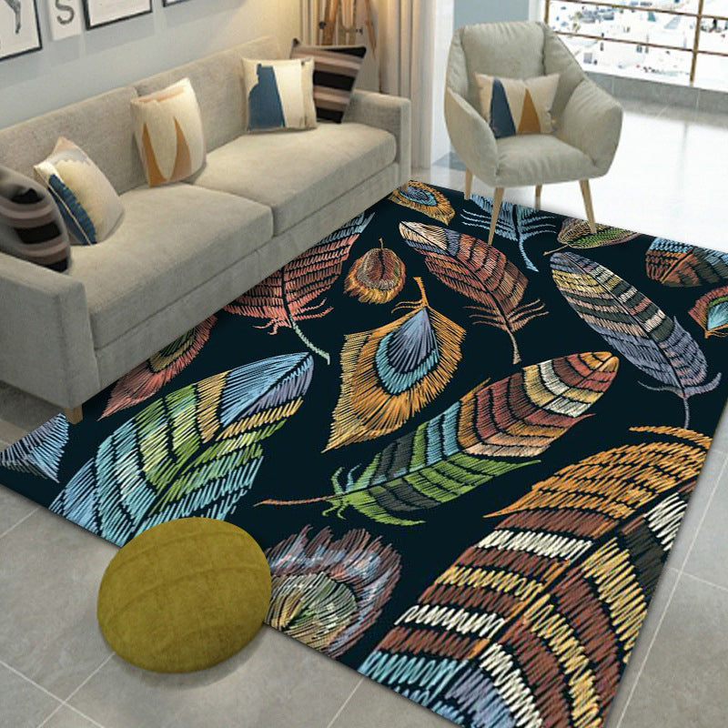 Glam Carpet Polyester Feather Print Rug Non-Slip Backing Indoor Rug for Home Decoration
