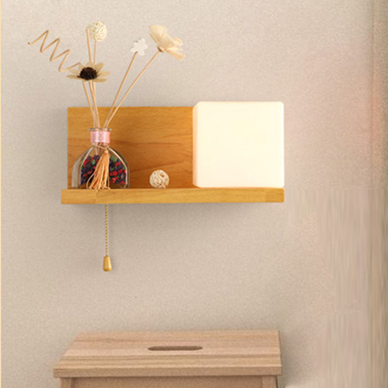 Luz de apliques de pared de madera simple 1 luz con luz de pared de sombra de vidrio para el dormitorio (sin decoración)