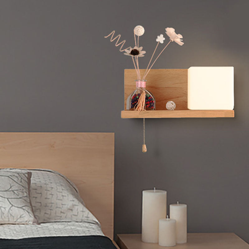 Luz de apliques de pared de madera simple 1 luz con luz de pared de sombra de vidrio para el dormitorio (sin decoración)