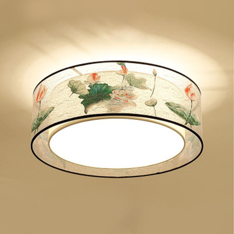 Square/Drum Fabric Ceiling Lamp Chinese Style Flush Mount Lighting Fixtures for Living Room