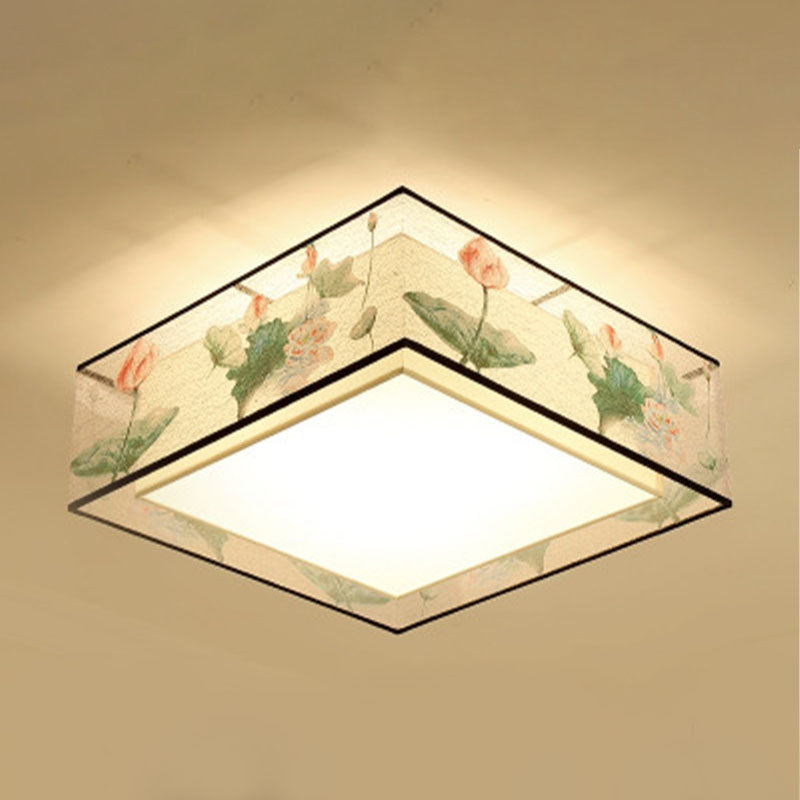 Square/Drum Fabric Ceiling Lamp Chinese Style Flush Mount Lighting Fixtures for Living Room
