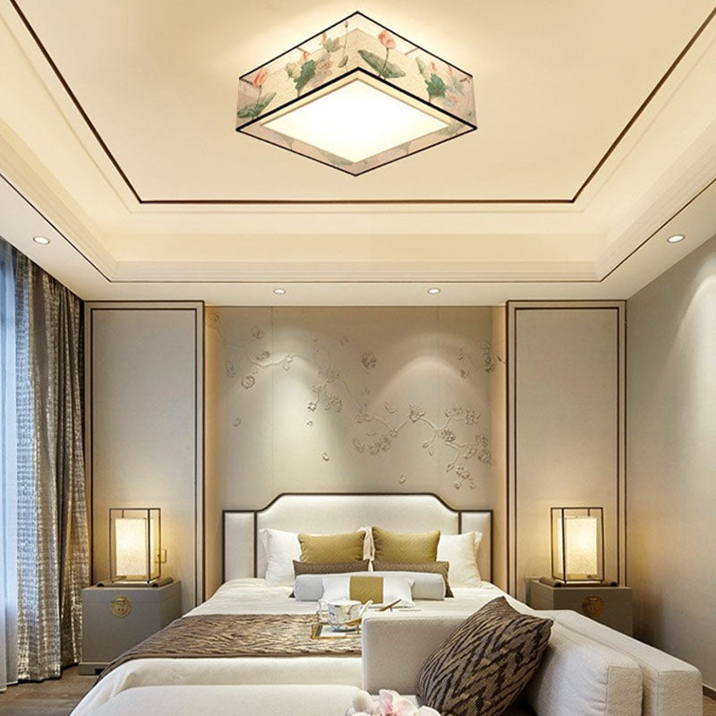 Square/Drum Fabric Ceiling Lamp Chinese Style Flush Mount Lighting Fixtures for Living Room
