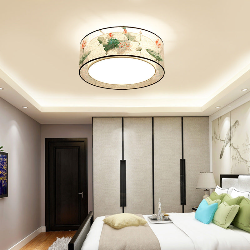 Square/Drum Fabric Ceiling Lamp Chinese Style Flush Mount Lighting Fixtures for Living Room