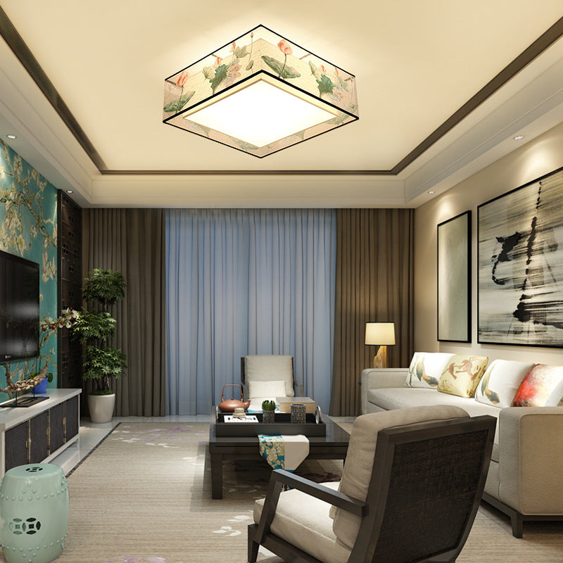 Square/Drum Fabric Ceiling Lamp Chinese Style Flush Mount Lighting Fixtures for Living Room
