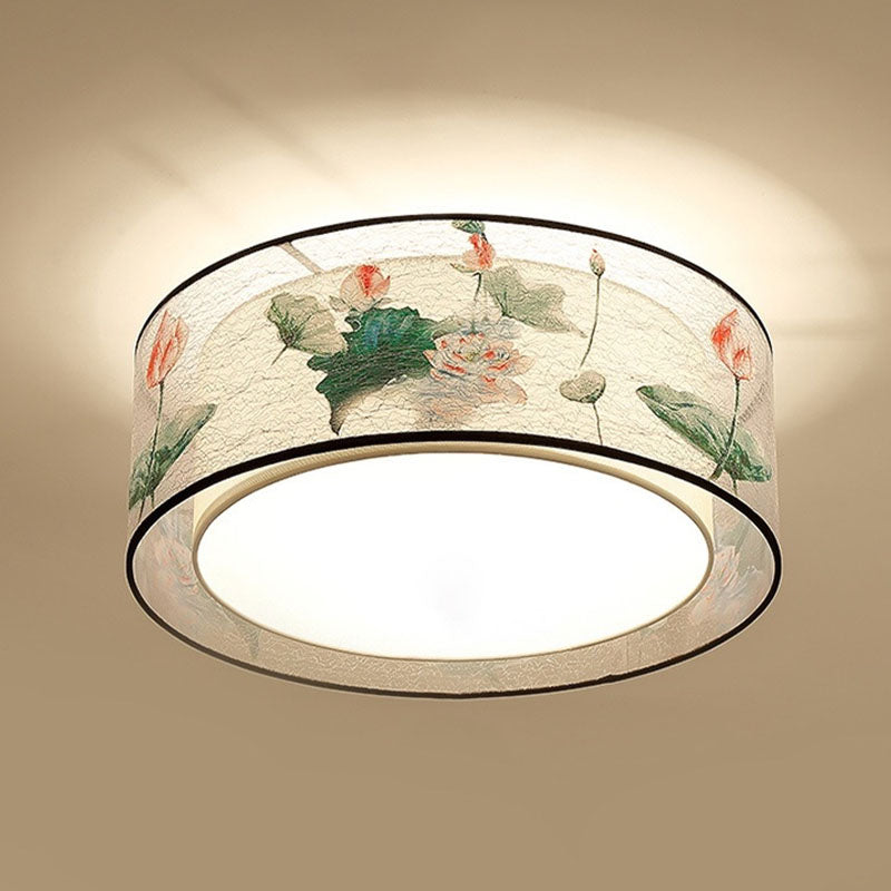 Square/Drum Fabric Ceiling Lamp Chinese Style Flush Mount Lighting Fixtures for Living Room