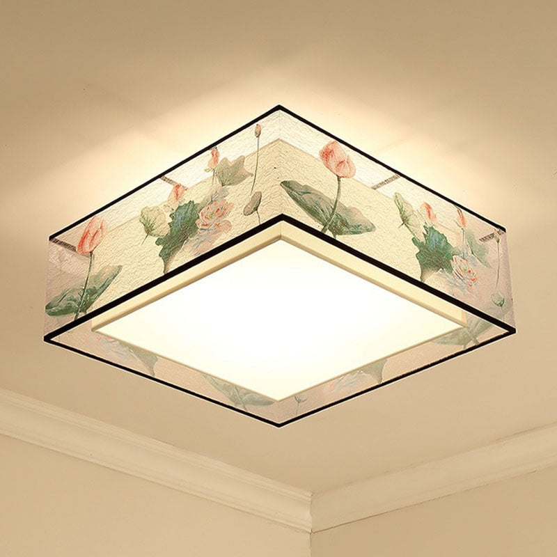 Square/Drum Fabric Ceiling Lamp Chinese Style Flush Mount Lighting Fixtures for Living Room
