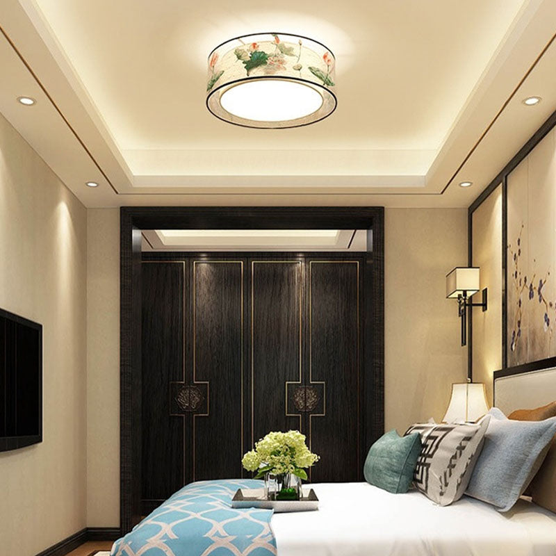 Square/Drum Fabric Ceiling Lamp Chinese Style Flush Mount Lighting Fixtures for Living Room