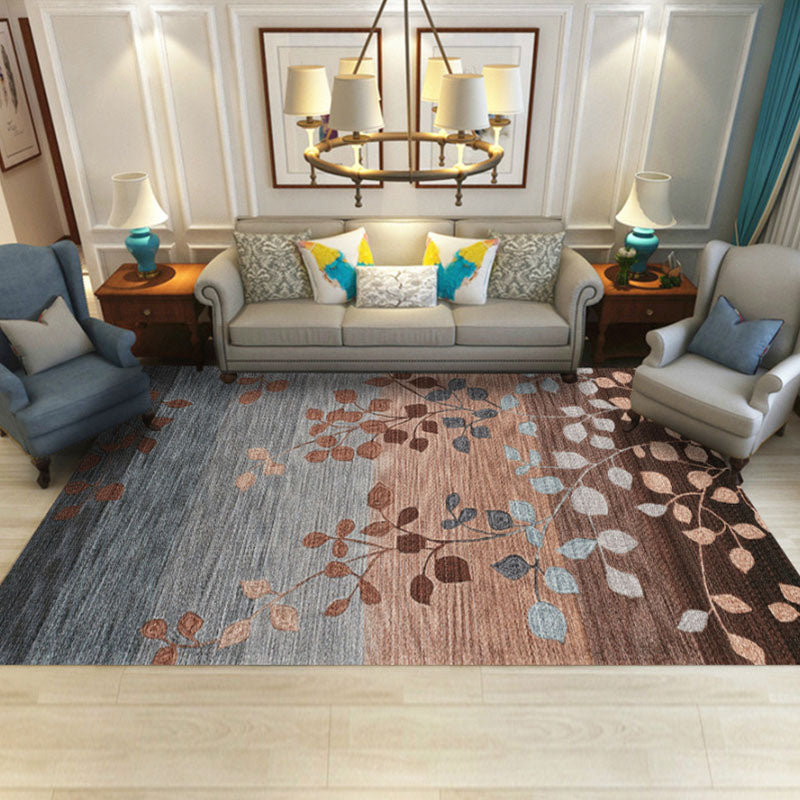 Grey Plant Print Area Carpet Modern Polyester Area Rug Anti-Slip Washable Rug for Living Room
