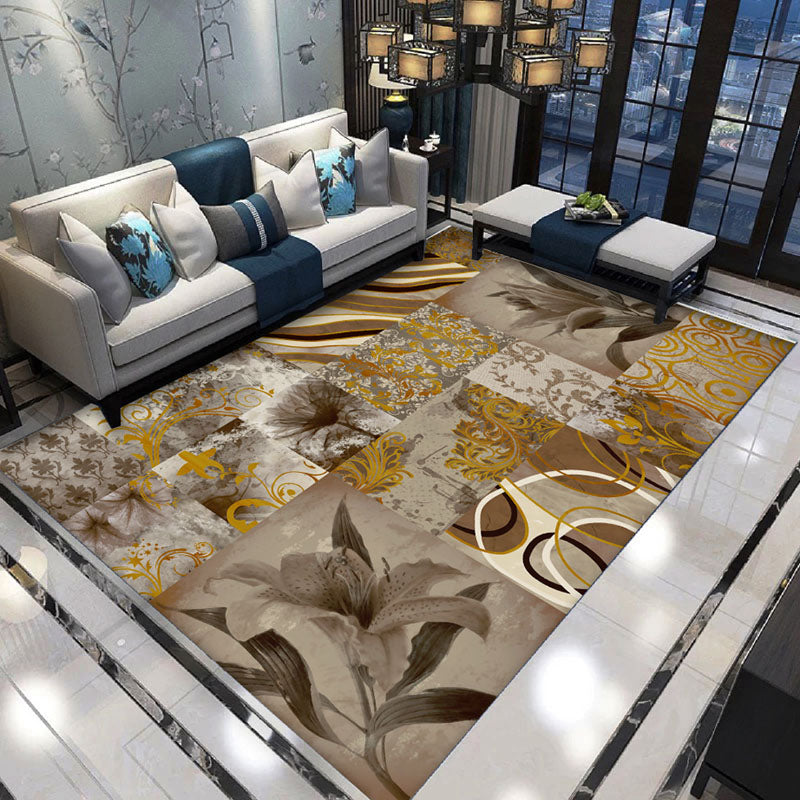 Black Modern Carpet Plant Pattern Polyester Area Rug Stain Resistant Rug for Home Decor