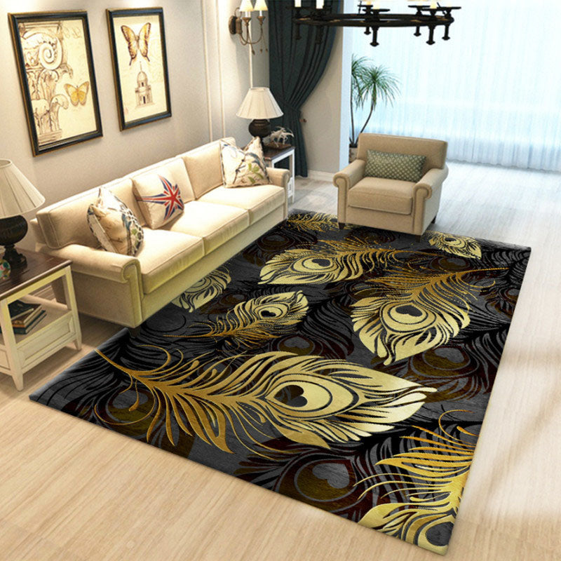 Black Modern Carpet Plant Pattern Polyester Area Rug Stain Resistant Rug for Home Decor