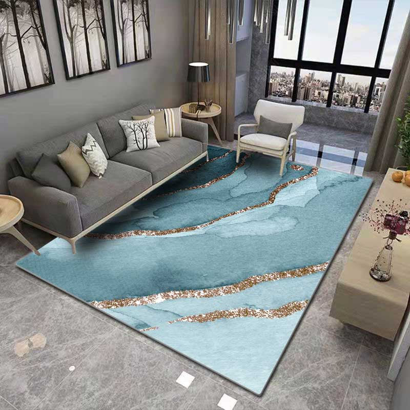 Blue Modern Area Carpet Marble Print Polyester Area Rug Non-Slip Backing Rug for Home Decor
