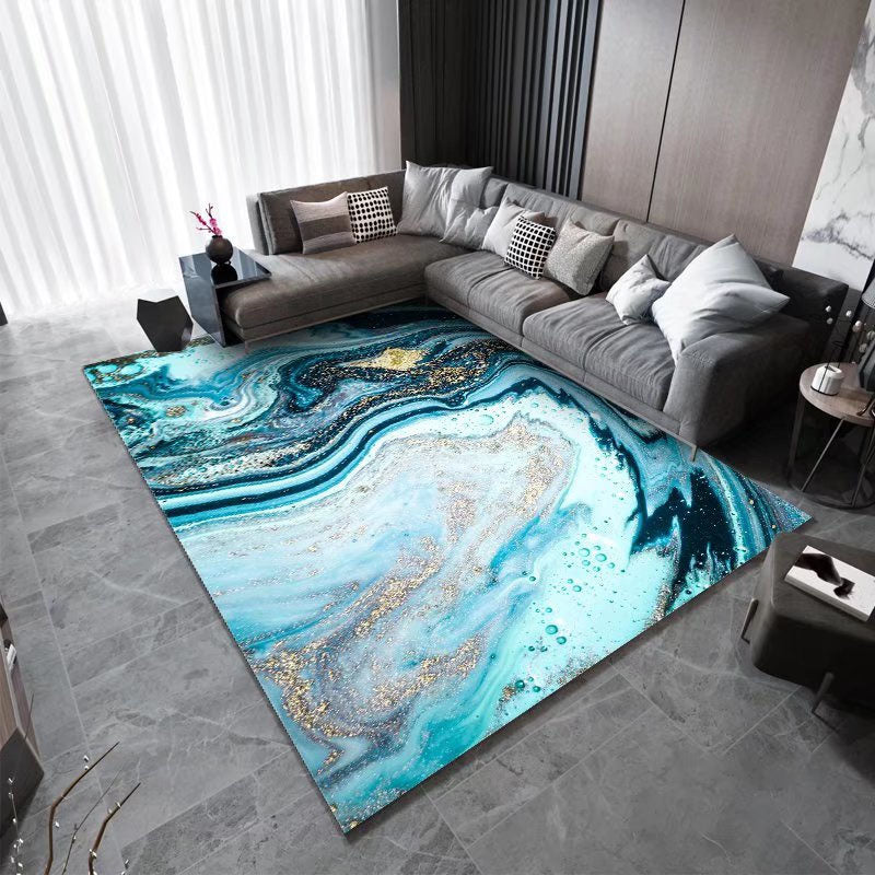 Blue Modern Area Carpet Marble Print Polyester Area Rug Non-Slip Backing Rug for Home Decor