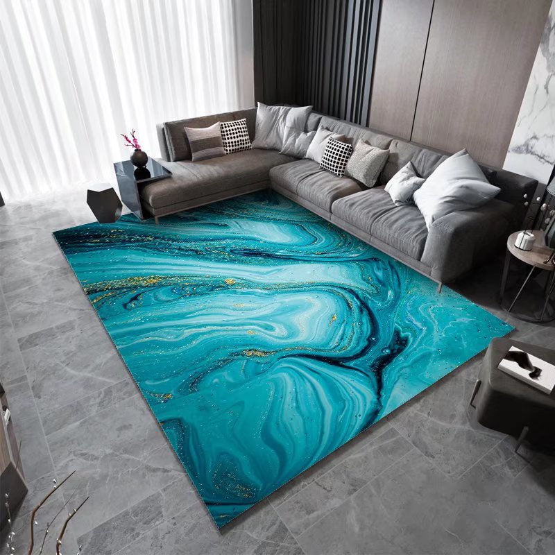 Blue Modern Area Carpet Marble Print Polyester Area Rug Non-Slip Backing Rug for Home Decor