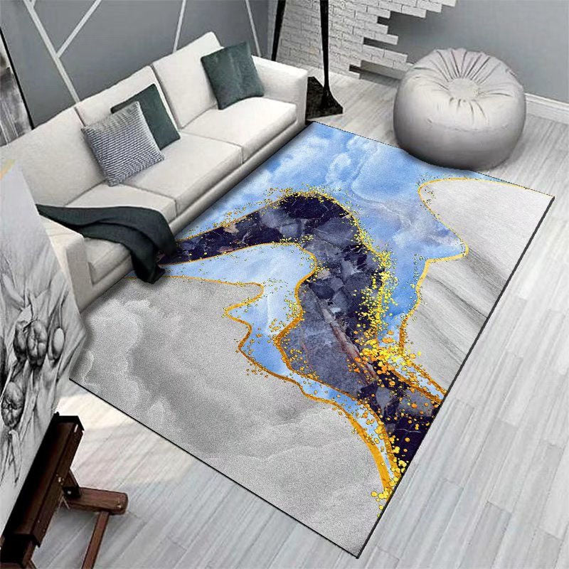 Blue Modern Area Carpet Marble Print Polyester Area Rug Non-Slip Backing Rug for Home Decor