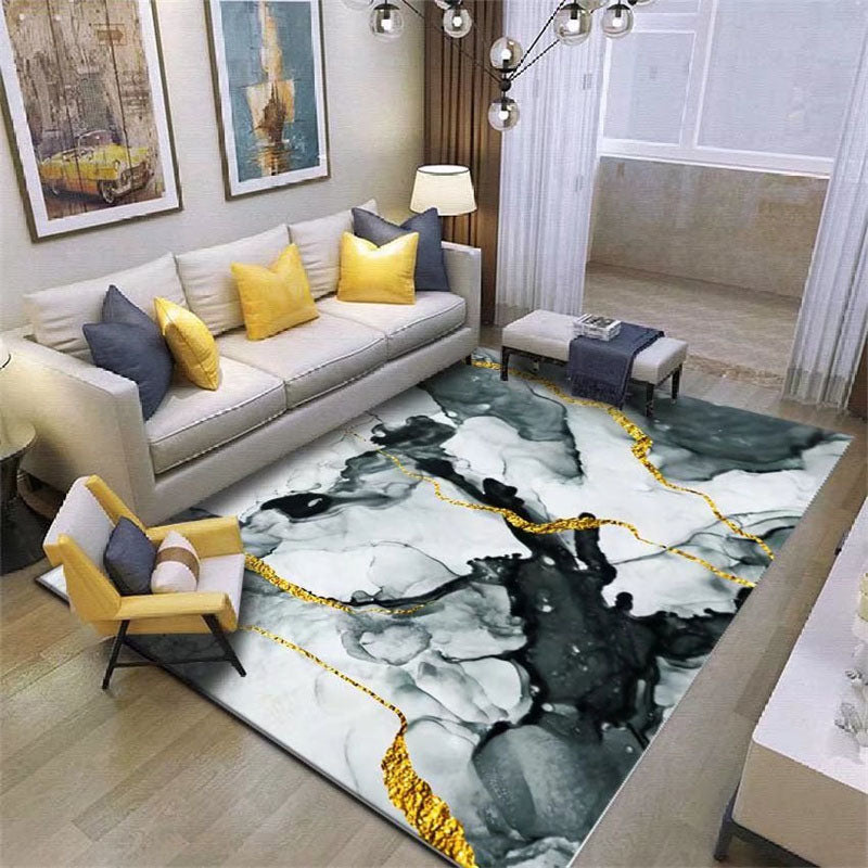 Blue Modern Area Carpet Marble Print Polyester Area Rug Non-Slip Backing Rug for Home Decor