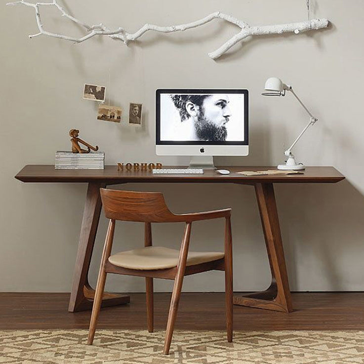 Modern Solid Wood Brown Dining Table Rectangle Shape Dining Table with Double Pedestal Bases