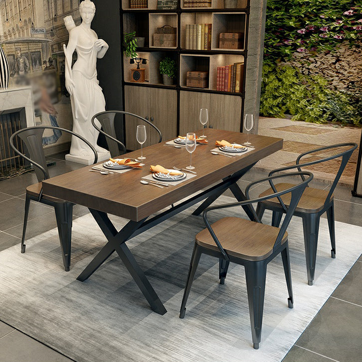 Industrial Style Solid Wood Dining Table Metallic Trestle Base Rectangle Table for Home