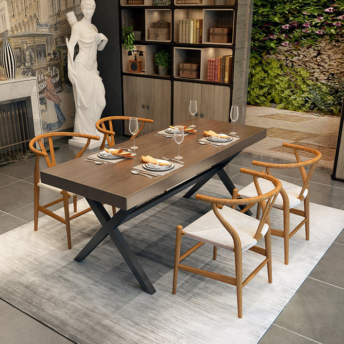 Industrial Style Solid Wood Dining Table Metallic Trestle Base Rectangle Table for Home