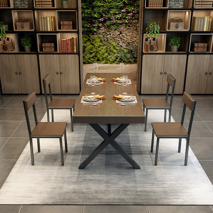 Industrial Style Solid Wood Dining Table Metallic Trestle Base Rectangle Table for Home