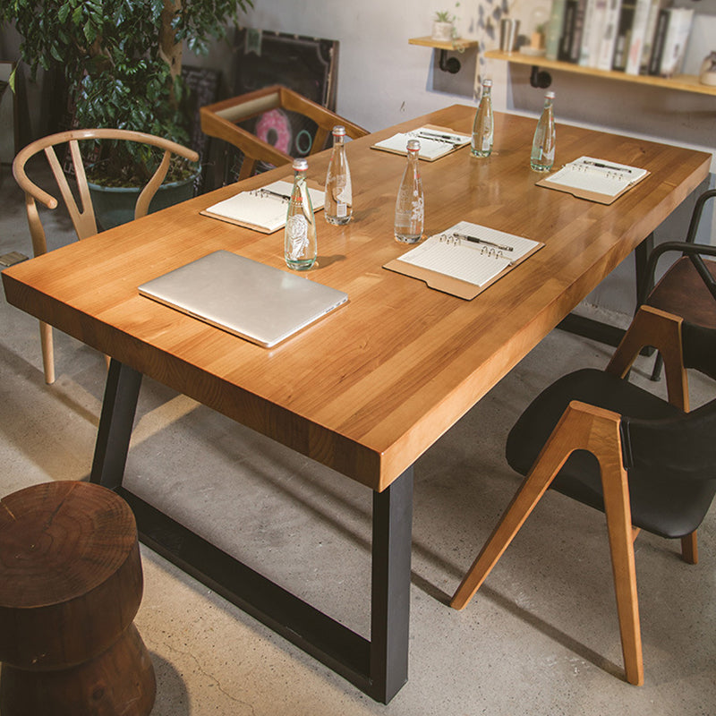 Solid Wood Industrial Dining Table Brown Rectangle Table with Sled Base for Home Use