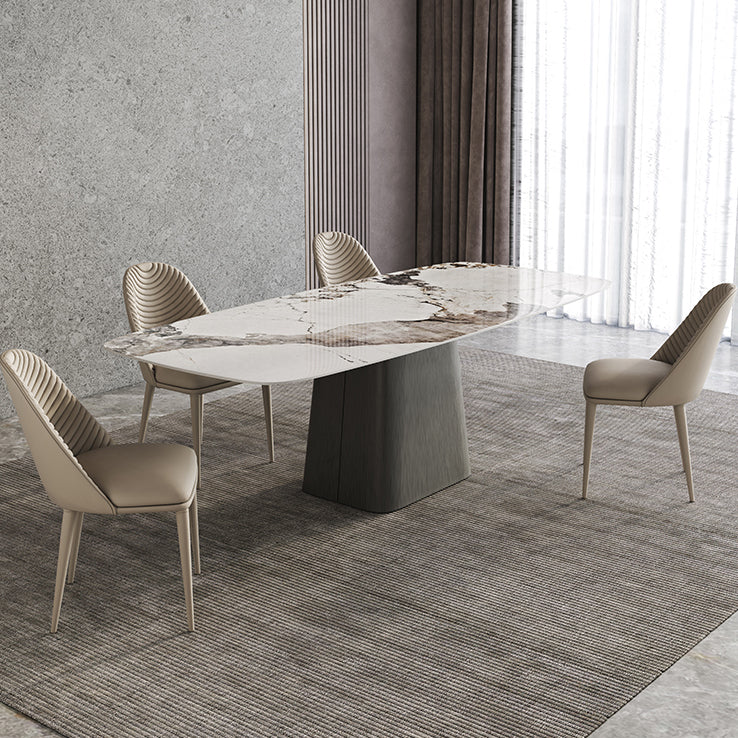 Mesa de comedor de piedra sinterizada mesa rectángulo en blanco con base de pedestal de metal