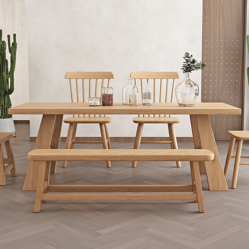 Rectangle Pine Wood Dining Table Modern Table in Nature with Wooden Trestle Base