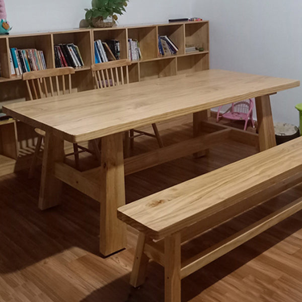 Rectangle Pine Wood Dining Table Modern Table in Nature with Wooden Trestle Base