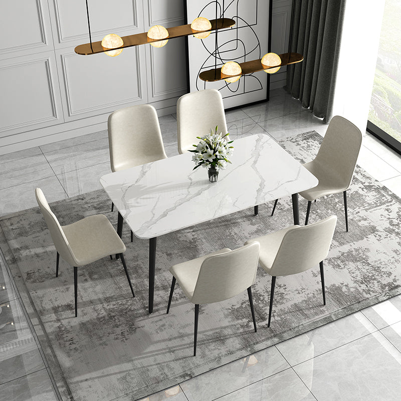 Mesa de comedor de cocina de piedra sinterizada simple Rectángulo de comedor blanco con 4 patas base