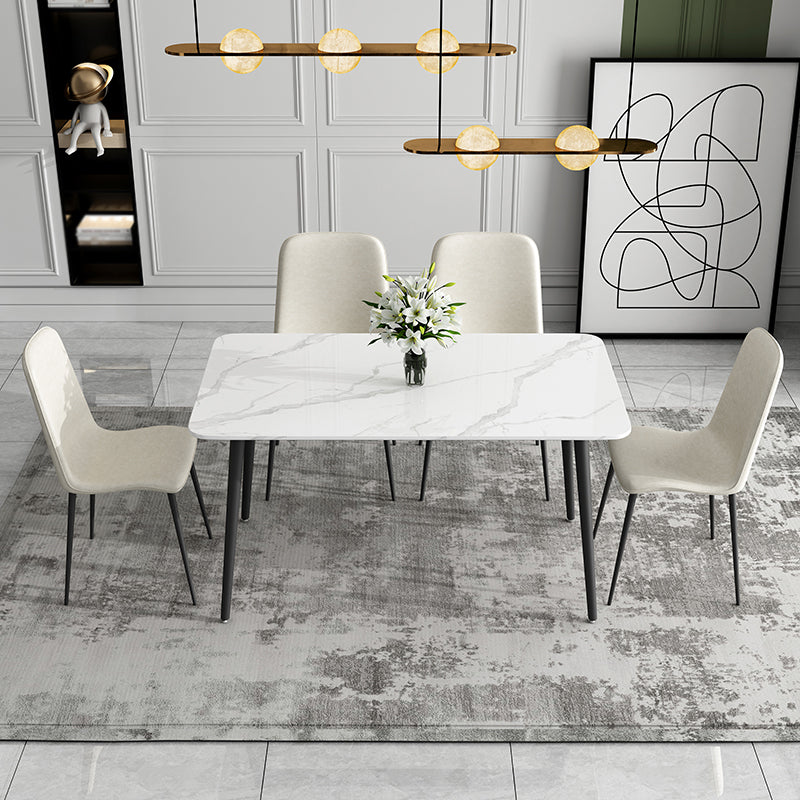 Mesa de comedor de cocina de piedra sinterizada simple Rectángulo de comedor blanco con 4 patas base