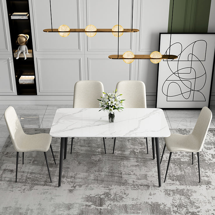 Mesa de comedor de cocina de piedra sinterizada simple Rectángulo de comedor blanco con 4 patas base