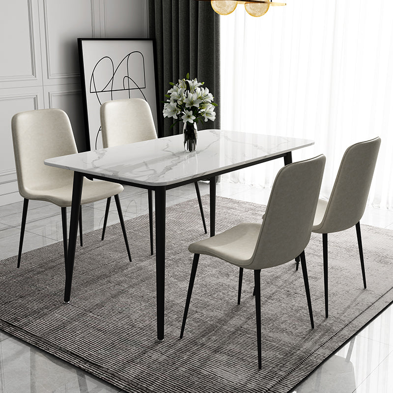Mesa de comedor de cocina de piedra sinterizada simple Rectángulo de comedor blanco con 4 patas base