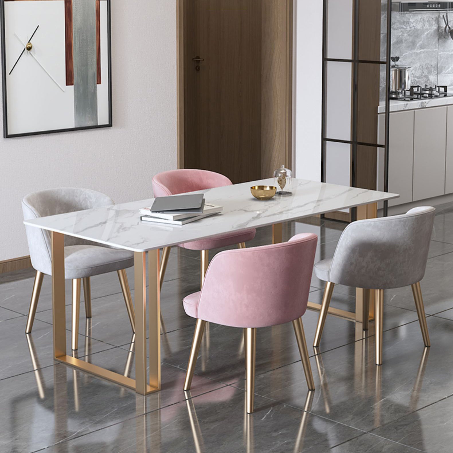 Traditionele luxe rechthoekige eettafel gesinterde stenen eettafel met dubbele voetstuk