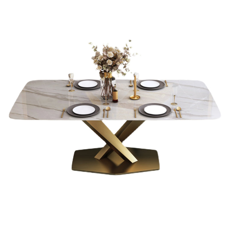 Mesa rectangular de piedra sinterizada con base de pedestal de metal dorado