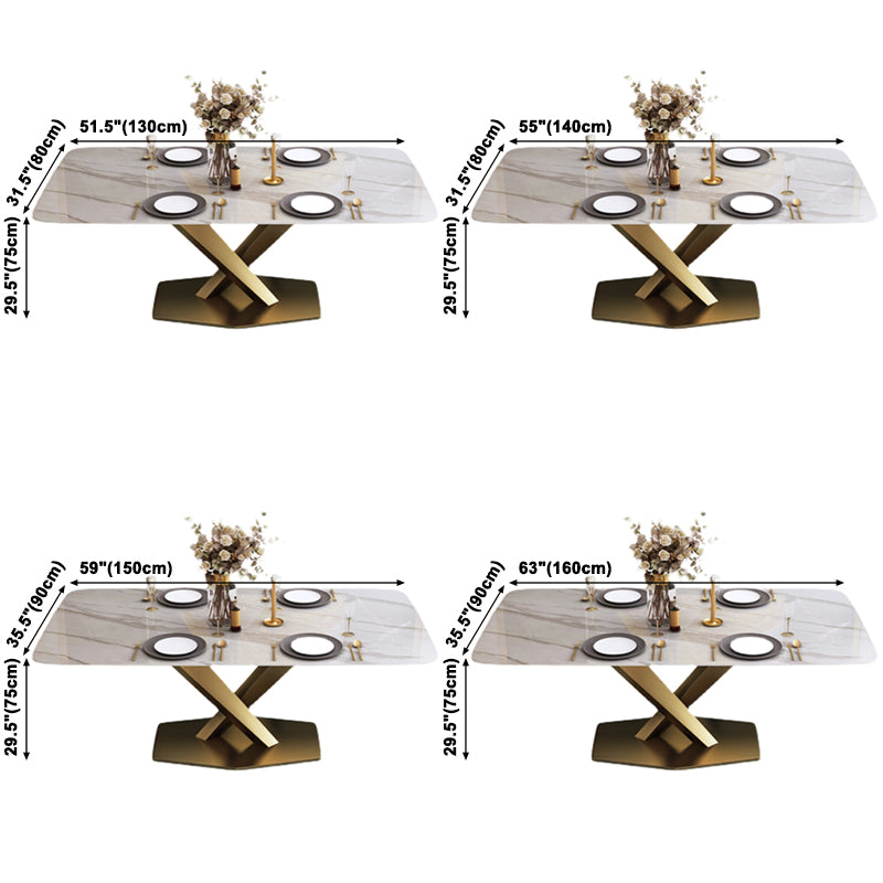 Mesa rectangular de piedra sinterizada con base de pedestal de metal dorado